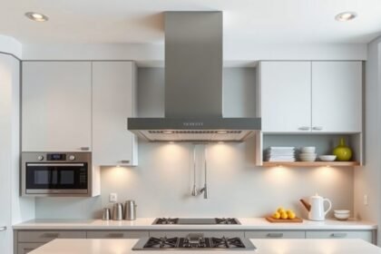 Modern döntött páraelszívó a konyhában, világos színű bútorokkal