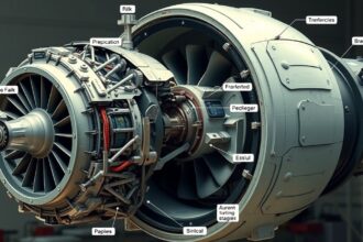 Repülőgép motor részletezve, magyarázó feliratozással.