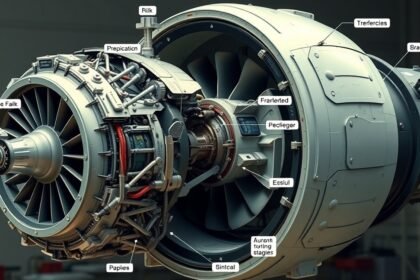 Repülőgép motor részletezve, magyarázó feliratozással.