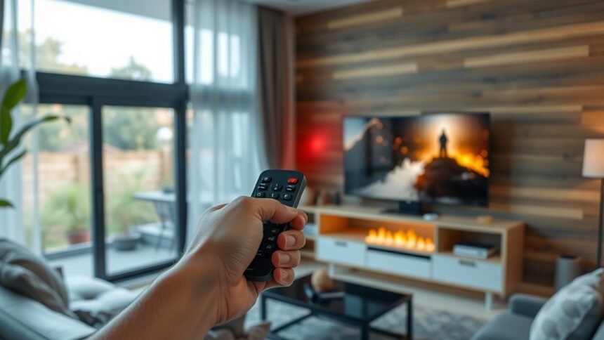 Kézben tartott infravörös távirányító egy tv előtt.