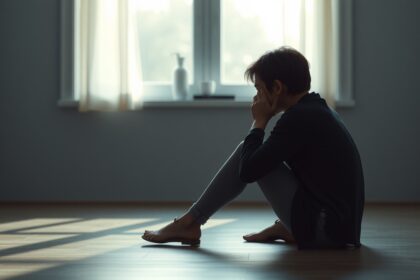 Egy fiatal nő ül a padlón, könnyeit próbálja elengedni.