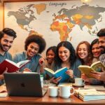 Fiatalok nyelvtanulás közben, boldog mosollyal és könyvekkel.