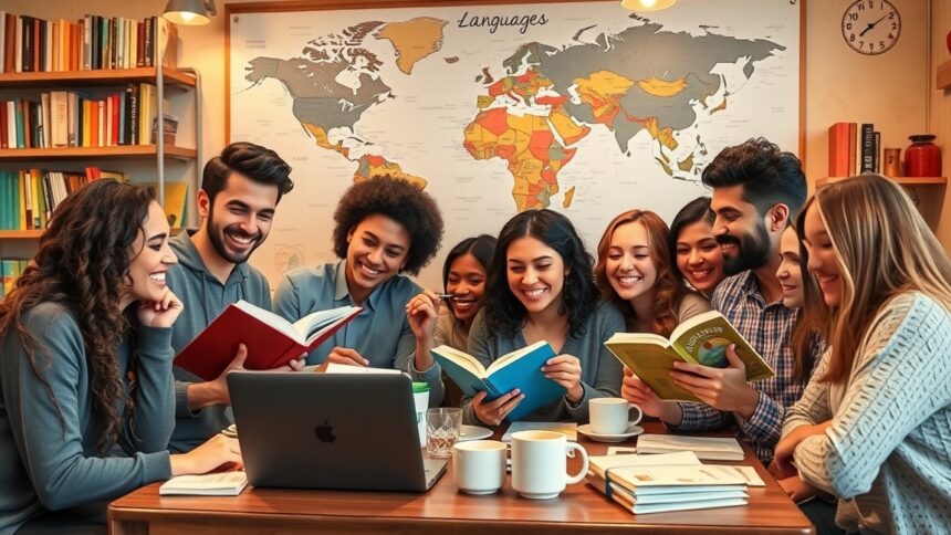 Fiatalok nyelvtanulás közben, boldog mosollyal és könyvekkel.