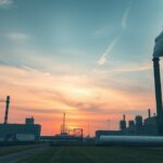 Ipari létesítmény a naplementében, füstkibocsátással