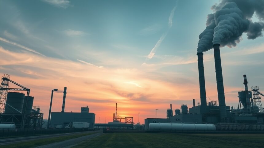 Ipari létesítmény a naplementében, füstkibocsátással