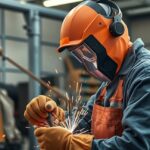 Hegesztés biztonságos munkavégzés közben, hegesztőpajzs és védőruha használatával.