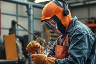 Hegesztés biztonságos munkavégzés közben, hegesztőpajzs és védőruha használatával.