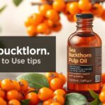 Homoktövis húsolaj üveg palack és gyümölcsök háttérben.