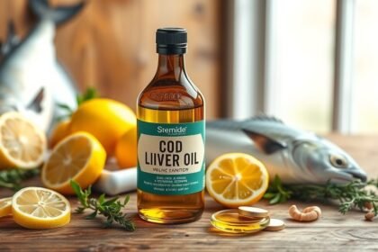 Csukamájolaj és friss citromok az egészséges táplálkozásért.