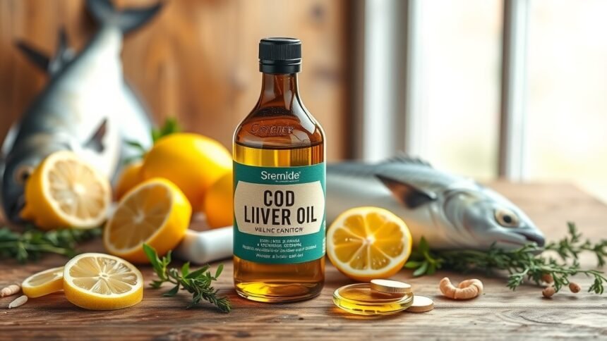 Csukamájolaj és friss citromok az egészséges táplálkozásért.