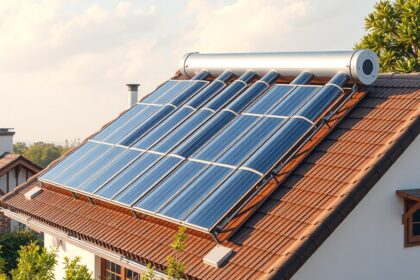 Vákuumcsöves napkollektorok egy tetőn, megújuló energiaforrás