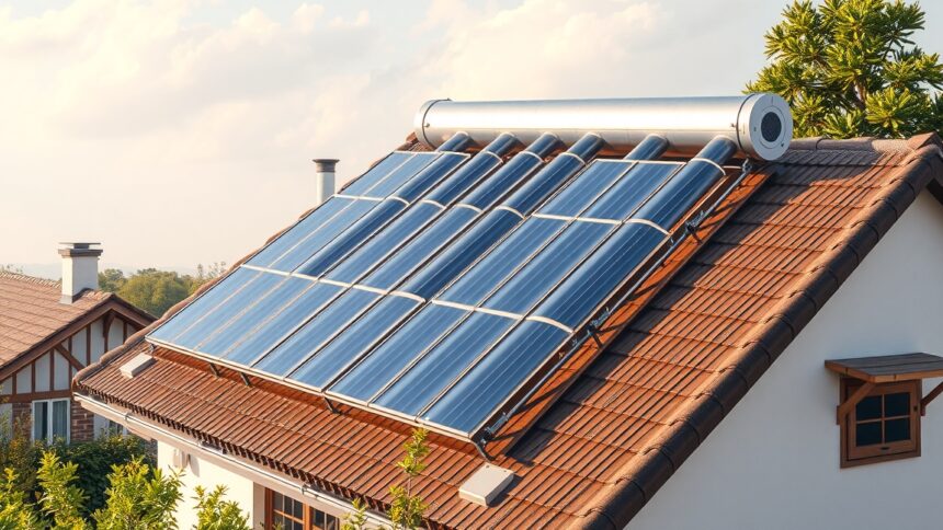 Vákuumcsöves napkollektorok egy tetőn, megújuló energiaforrás