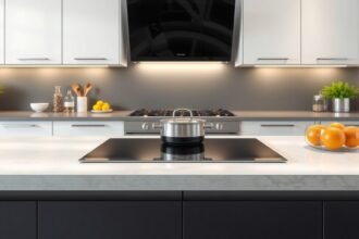 Modern kerámialapos tűzhely a konyhában, praktikus és elegáns megoldás.