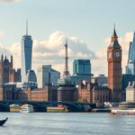 A londoni városkép a Temze folyón, háttérben híres épületekkel.