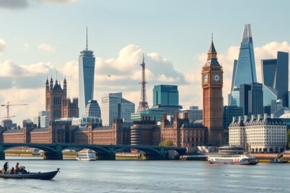 A londoni városkép a Temze folyón, háttérben híres épületekkel.