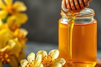 Szerves akácméz, virágokkal díszítve, egészségügyi előnyökkel.