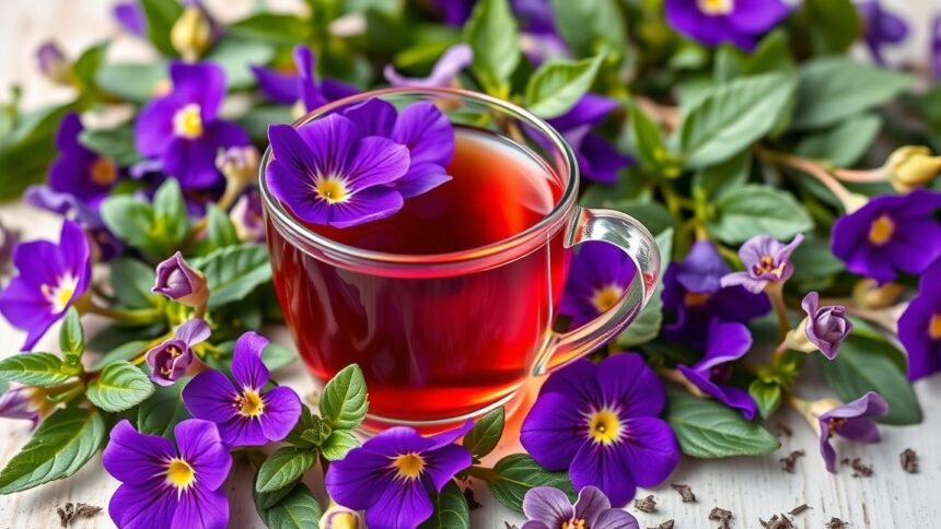 Vadárvácska tea virágokkal díszített bögre, egészséges gyógynövény.