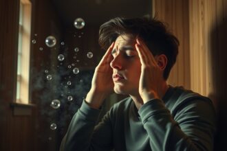 Stresszes fiatal férfi szén-dioxid hatásainak szemléltetése