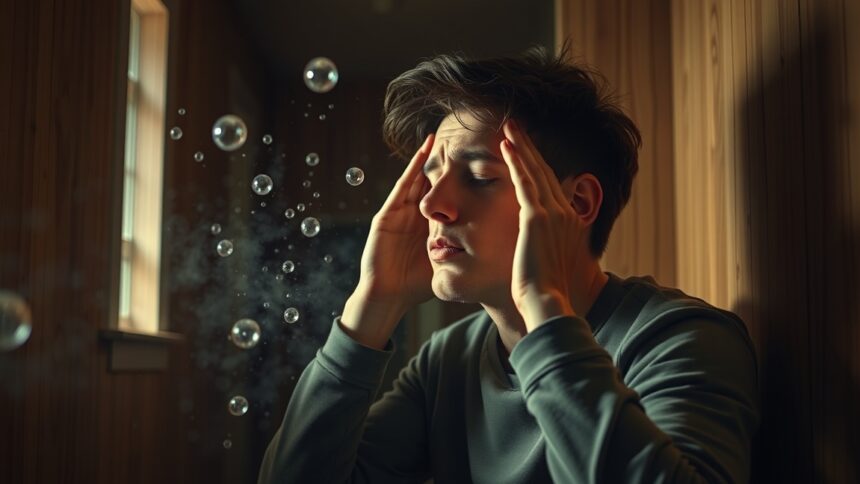 Stresszes fiatal férfi szén-dioxid hatásainak szemléltetése