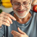 Idős férfi szoros figyelemmel nézi a vércukormérőt és az egészséges ételeket.