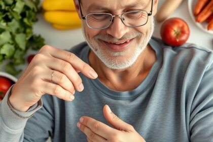 Idős férfi szoros figyelemmel nézi a vércukormérőt és az egészséges ételeket.