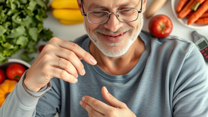 Idős férfi szoros figyelemmel nézi a vércukormérőt és az egészséges ételeket.