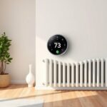 Modern radiátor termosztát a falon, 73 fokos hőmérséklet kijelzővel.
