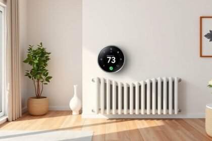 Modern radiátor termosztát a falon, 73 fokos hőmérséklet kijelzővel.