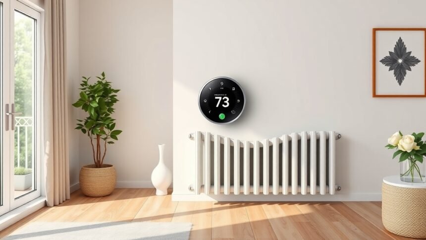Modern radiátor termosztát a falon, 73 fokos hőmérséklet kijelzővel.
