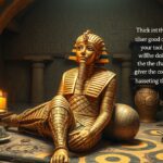 Arany múmia egyiptomi temetkezési helyszínen gyertyákkal és ősi írásokkal.