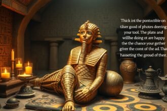 Arany múmia egyiptomi temetkezési helyszínen gyertyákkal és ősi írásokkal.