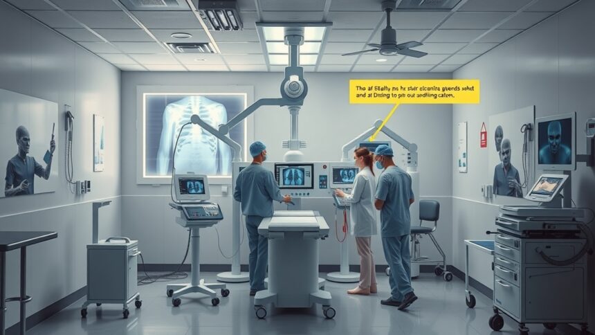 Röntgenvizsgálat a kórházban, egészségügyi szakemberek körében.