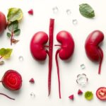 Cékla és vesék vizuális ábrázolása, tápanyagokkal körülvéve.
