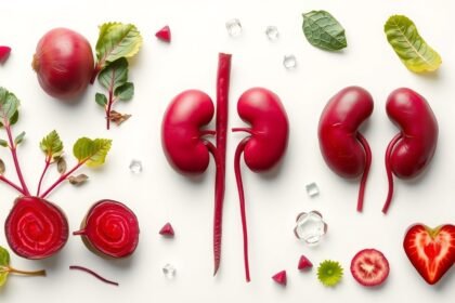 Cékla és vesék vizuális ábrázolása, tápanyagokkal körülvéve.