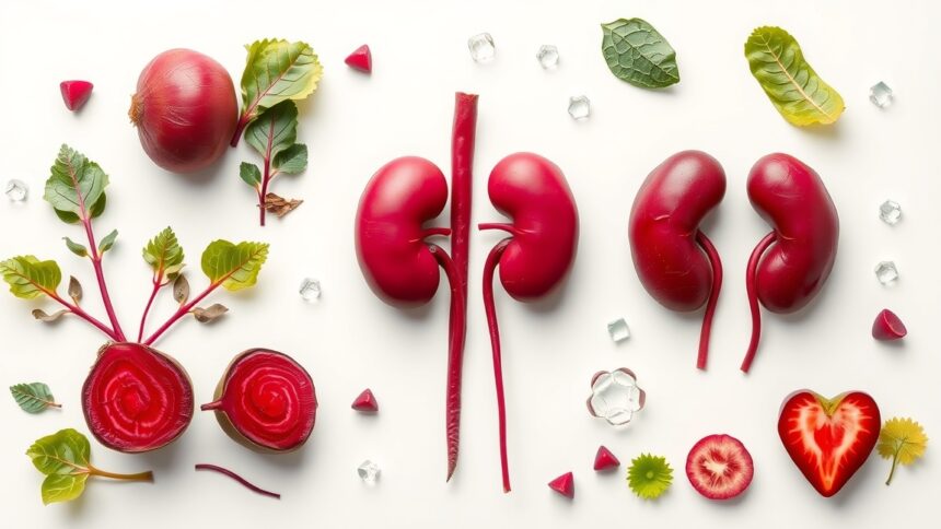 Cékla és vesék vizuális ábrázolása, tápanyagokkal körülvéve.