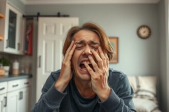 Férfi stresszes állapotban, kezét az arcán tartva