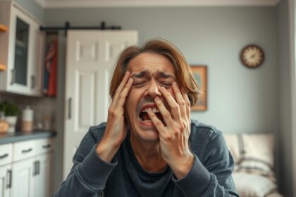 Férfi stresszes állapotban, kezét az arcán tartva