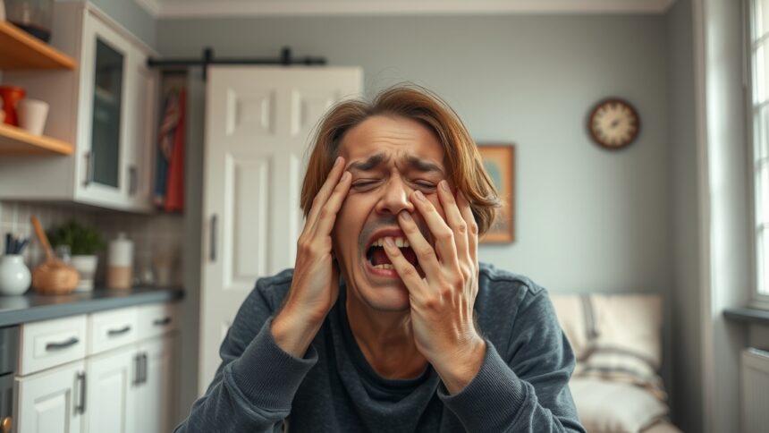 Férfi stresszes állapotban, kezét az arcán tartva