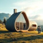 Modern síp ház a természetben, környező hegyek és fák között.