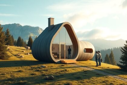 Modern síp ház a természetben, környező hegyek és fák között.