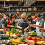 Kép a főzőosztályról, ahol résztvevők ízletes ételeket készítenek.