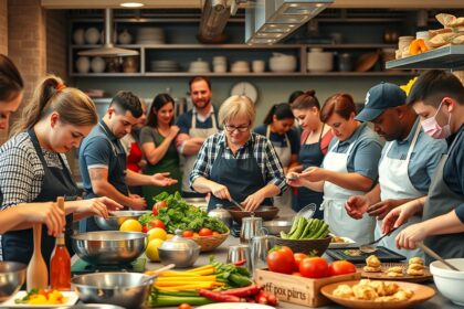 Kép a főzőosztályról, ahol résztvevők ízletes ételeket készítenek.
