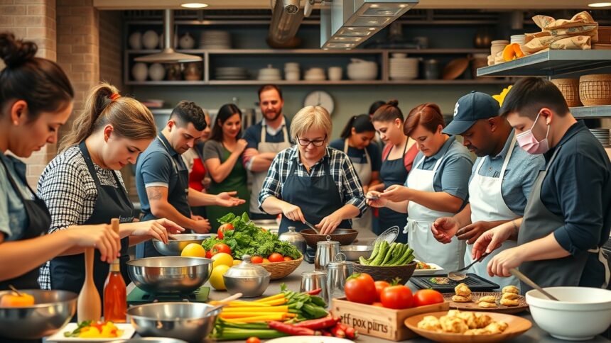 Kép a főzőosztályról, ahol résztvevők ízletes ételeket készítenek.
