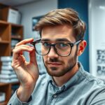 Fiatal férfi multifokális szemüveget próbál a boltban.