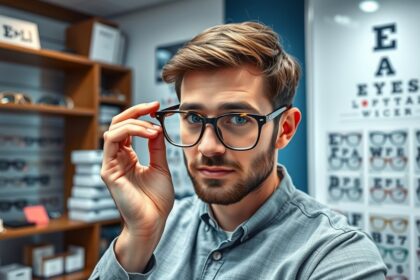 Fiatal férfi multifokális szemüveget próbál a boltban.