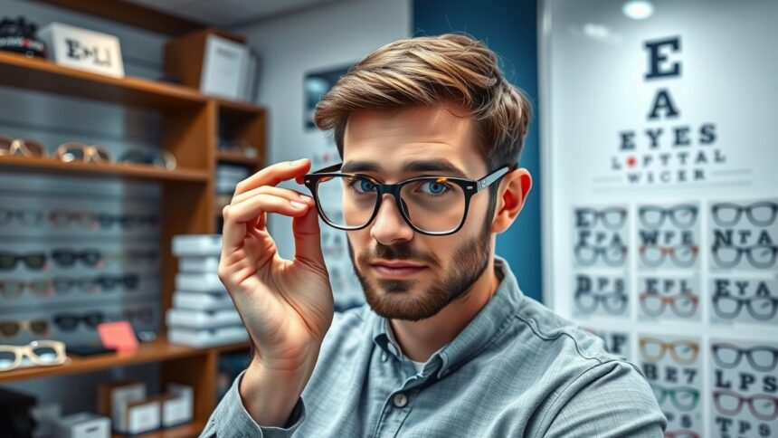 Fiatal férfi multifokális szemüveget próbál a boltban.