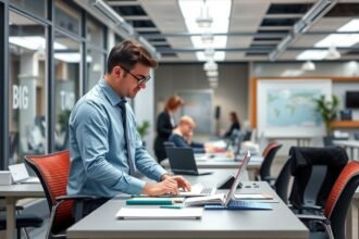 Férfi dolgozik modernebb irodai környezetben laptopon.