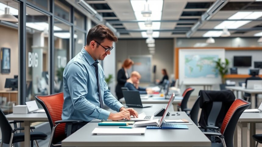 Férfi dolgozik modernebb irodai környezetben laptopon.