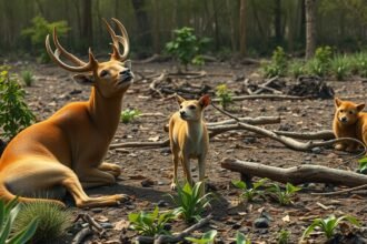 Egy őz és két kutya a természetben, környezeti kihívások közepette.