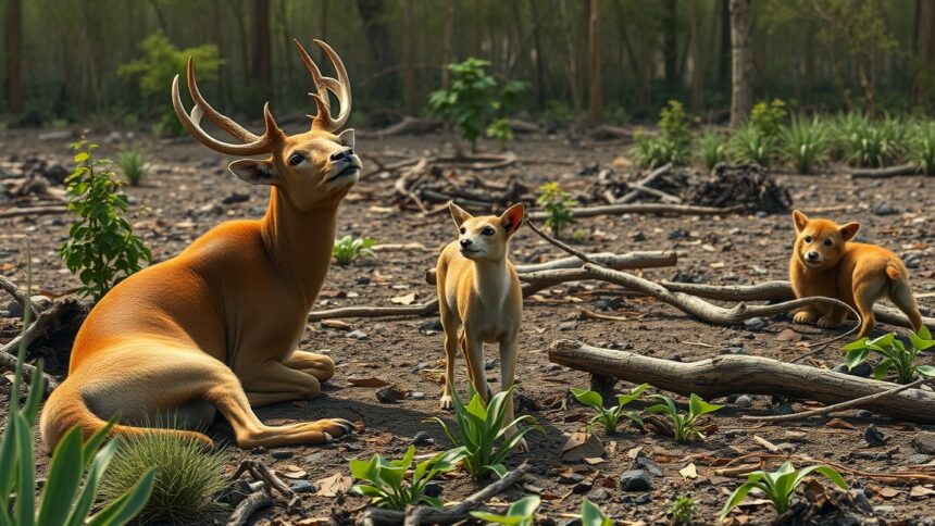 Egy őz és két kutya a természetben, környezeti kihívások közepette.